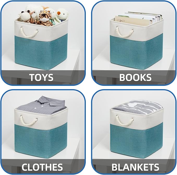 Temary Cubes Storage Baskets 12 Inch Cube Storage Bins for Shelf, Fabric Storage Cubes for Gift Empty Baskets for Home, Collapsable Box Basket for Storage (White&Teal)