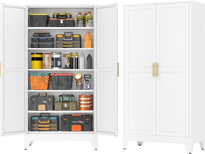 GAIOUS 79'' Tall Metal Garage Storage Cabinet, Home Office Cabinet White | Home Office Storage, File Cabinet Tool Cabinets with 2 Doors and 5 Adjustable Shelves for Warehouse Garage Outdoor Steel
