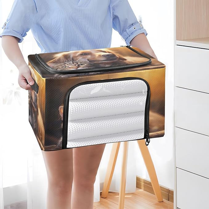 Foldable Storage Bin Dog and Cat Pattern Sturdy Under Bed Storage Container with Clear Window and Handle