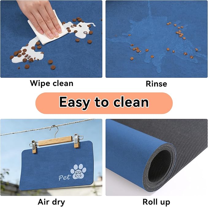 Dog Cat Feeding Mat-Absorbent Pet Bowl Mat for Food and Water, Quick Dry Water Dispenser Mat for Floors with Waterproof Rubber Backing, Large Dogs Placemat Mats for Messy Drinkers,17"x27",Blue