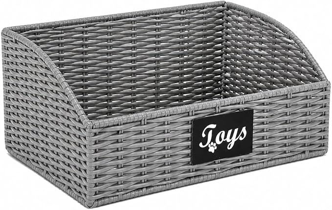 Dog Toy Basket,Cat Toys Bin,Woven Storage basket for Dog Cat Toys,Foldable Dog Toy Box for Living Room Area,Pet Organizer with Wire Frame,Ideal for Pet Accessories(Gray)