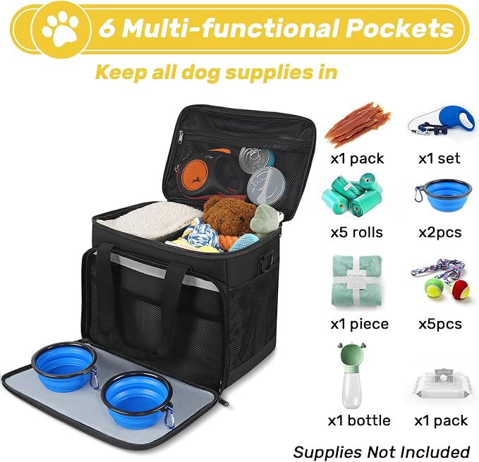 6 Set Dog Travel Bag, Large Pet Travel Kit for Supplies, Black | Includes 2 Food Containers, 1 Pet Organizer for Dogs, 2 Collapsible Bowls, 1 Treat Pouch, Dog Weekend Overnight Bag Luggage