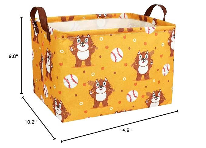 Kid Cute Storage Basket Baby Gift Basket Collapsible Rectangle Canvas Storage Bin for Nursery Playroom Bedroom Decor Organizer (Cartoon Bear Baseball)
