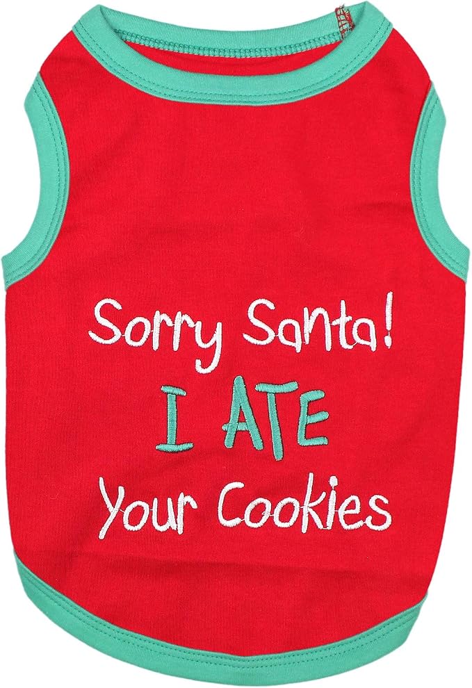 Parisian Pet Dog Tshirt - Embroidered “ Sorry Santa I Ate Your Cookies “ Dog Shirt - Lightweight Cotton Puppy Christmas Outfit - Sleeveless Christmas Pet Clothes - Shirts for Large Dogs - 4XL