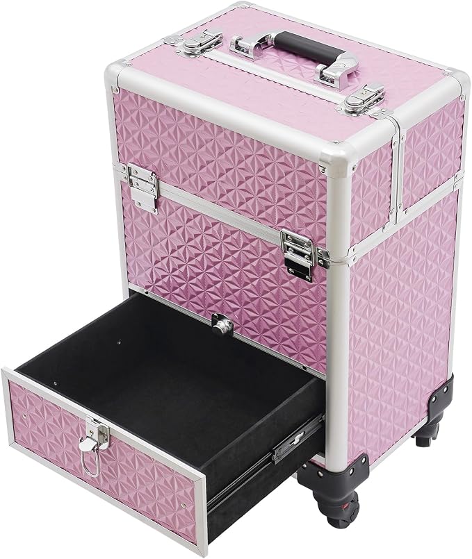 Portable Makeup Organizer Suitcase,Large Cosmetic Trolley (Pink,en_US,Pink) | Rolling Makeup Train Case,Professional Cosmetic Trolley,Cosmetic Storage Box,Travel Beauty Luggage Trolley Lockable