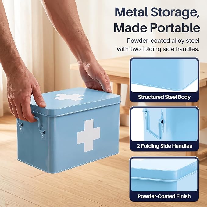 Flexzion Large Metal First Aid Box Empty, 13-Inch, Blue with White Cross | Vintage Medicine Box and First Aid Storage Organizer with Removable Tray and Dividers; Empty Box Only, Supplies Not Included