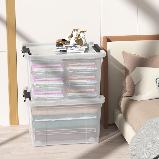 50 Quart Large Clear Plastic Storage Boxes Bin with Lid, 4 Packs | Stackable Plastic Organization Box with Wheels