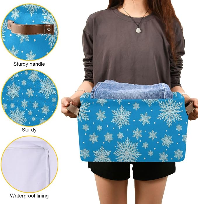 Snowflakes Christmas Blue Print Rectangular Storage Bin Basket with Handles - Organizer Bin for Books Laundry Basket for Pets Playroom Clothes