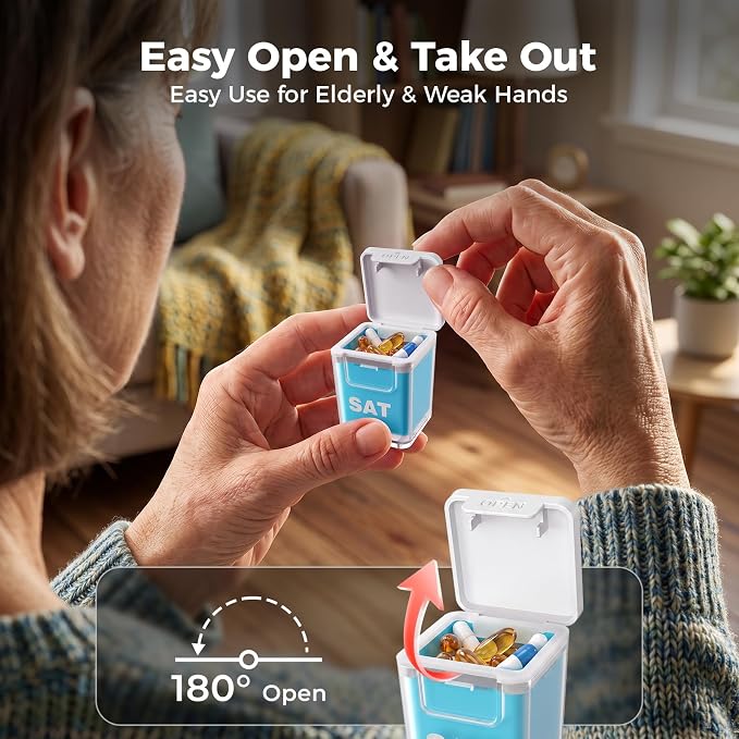 ODARO Extra Large Weekly Pill Organizer Once A Day - Blue | Large Capacity, Big Font, Wide Opening Easy For Seniors, Detachable Portable, Spill Proof, BPA Free