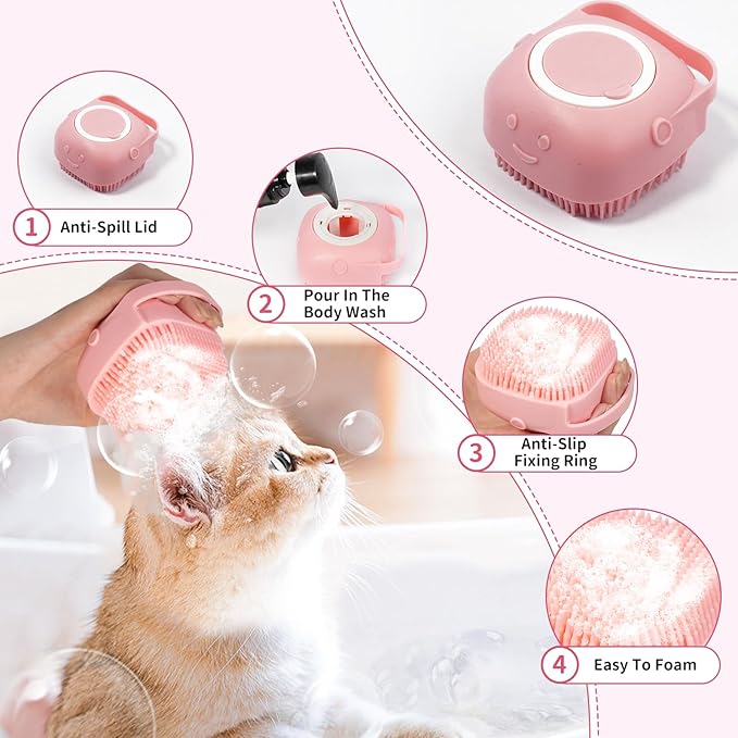 6PCS Pet Bath Grooming Kit for Dogs and Cats, Dog Washing Set with Hair Brush, Shampoo Scrubber, Bath Gloves, Quick Dry Towel & Large Storage Bag, Pink Pet Shower Grooming Supplies