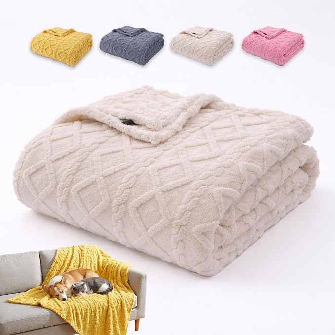 Emotional Support Blanket Yellow for Dogs, Soft Plush Polyester Dog Blanket with Cable Knit Pattern, Blanket for Couch, Bed, Crate, Car, Machine Washable (Beige, 150 * 200cm/59.05 * 78.74in)
