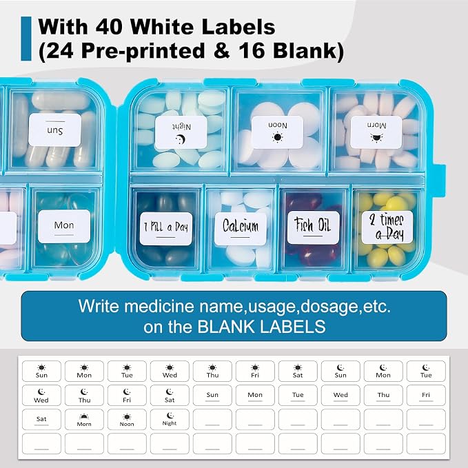14 GRIDS Travel Pill Organizer Box with Labels - Travel Medicine Case Kit - Pocket Daily Pharmacy Container - Travel Medication Holder Dispenser for Fish Oil Vitamin Supplement Storage - Blue
