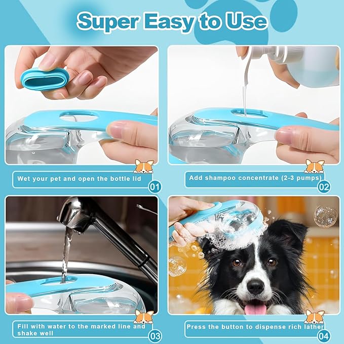 Dog Bath Brush with Shampoo Dispenser - 4-in-1 Pet Bath Brush & Grooming Kit, Dog Shampoo Brush, Includes Silicone Scrubber Pet Shower Brush, Compressed Towel, Wipes & Tablets for Cat Shower