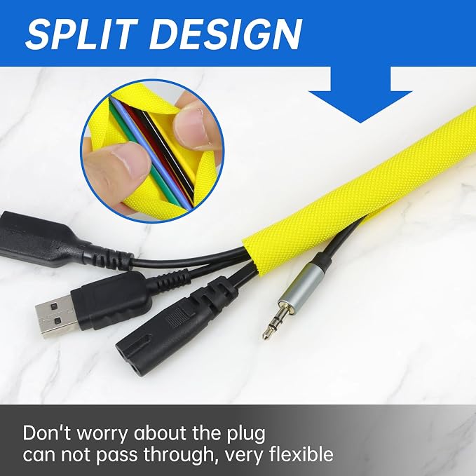 Split Braided Cable Sleeve，Flexible Wire Loom Tubing, Automotive Cord Protector Pet Proof, Cable Management for Computer TV Electric Wires Harness 16ft (Yellow, 10mm（3/8")