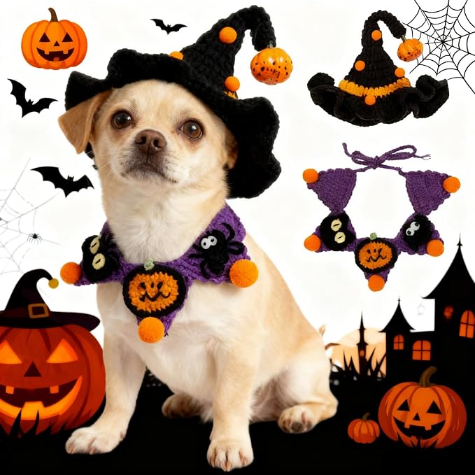 Halloween Dog Costume - Black Witch Hat & Halloween Outfit for Rabbits,Cats and Small Sized Dogs,Handmade Festive Halloween Pet Apparel with Pumpkin Design,Perfect for Dog & Cats