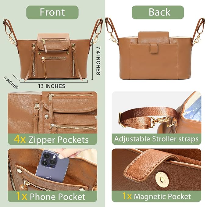 miss fong Universal Stroller Organizer with Insulated Cup Holder Stroller Caddy Baby Storage Bag with Adjustable Strap, Fits for Baby Carriage like Uppababy, Baby Jogger, Britax, Umbrella-Brown