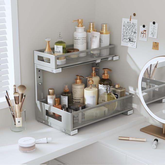 1 Pack-11.4"-16.14" H Under Sink Storage Organizer, Large 2-Tier Elegant Mesh Pull Out Shelf for Kitchen & Bathroom Cabinet Organization, L-Shaped, Adjustable Height-Gun Gray