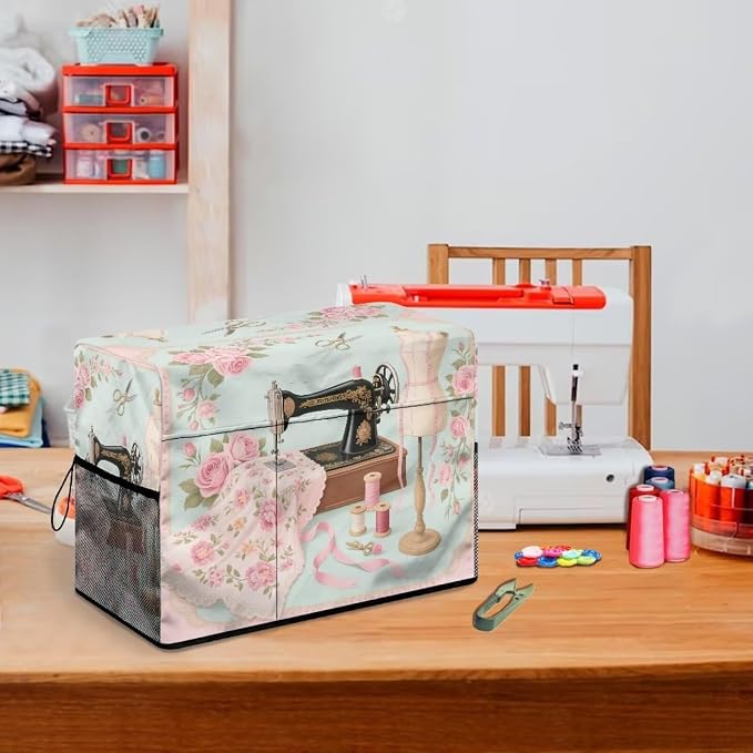 Rose Sewing Element Sewing Machine Cover with Storage Pockets,Dust & Pet Hair Protection,Fits Standard Singer, Brother and Janome Machines, Protecting & Decorating Your Sewing Space