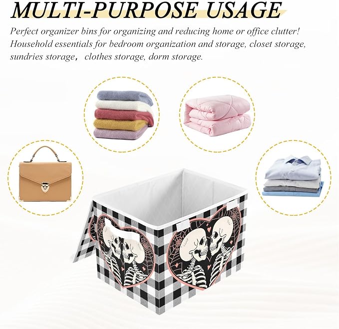 Fabric Storage Bins with Lid Love Skull Closet Storage Basket 40L | Decorative Storage Boxes, Dust-Proof Flip Top, Reinforced Handles, For Home & Bedroom, Clothes & Toy Box, Skull Fabric Print