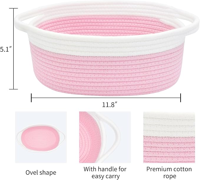 ABenkle Small Basket with Handles, Boho Decorative Rope Woven Dog Cat Toy Storage Bin Shelf Storage Organizer, Easter Christmas Gift Basket, 12"x8"x5", Pink
