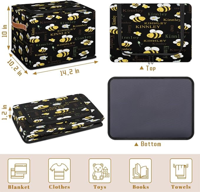 Custom Name Storage Bin with Lid Zipper, Personalized Black Rectangular Storage Basket for Organizing Boys Girls Toys Office Closet Shelf Baskets, Yellow Color Bee with Daisy