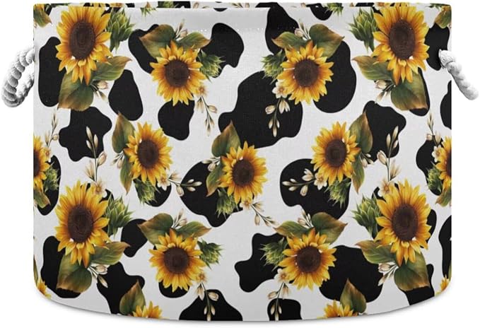 Sunflower Cow Print Collapsible Round Storage Basket with Handles | Yellow Flowers Large Laundry Baskets Hamper, Clothes Organizer Bin for Bedroom Living Room Decor, 20x 20x 14 Inches