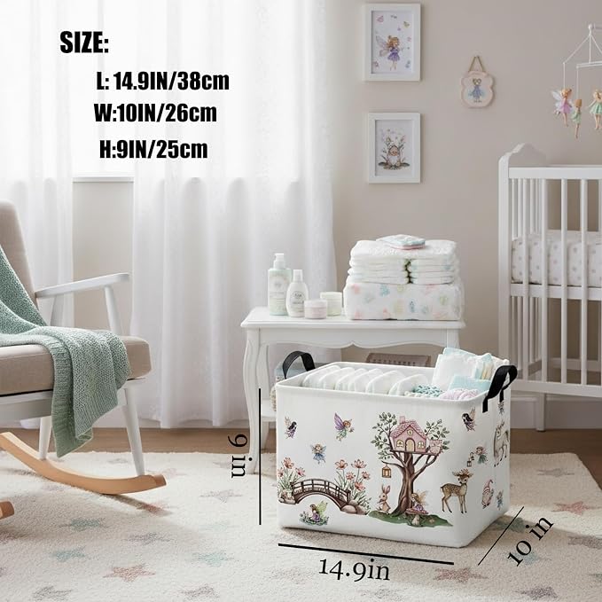 Kid Cute Rectangle Storage Basket Baby Toy Clothes Storage Bin Nursery Playroom Bedroom Decor Basket (Pink Tree House Flower Fairy)