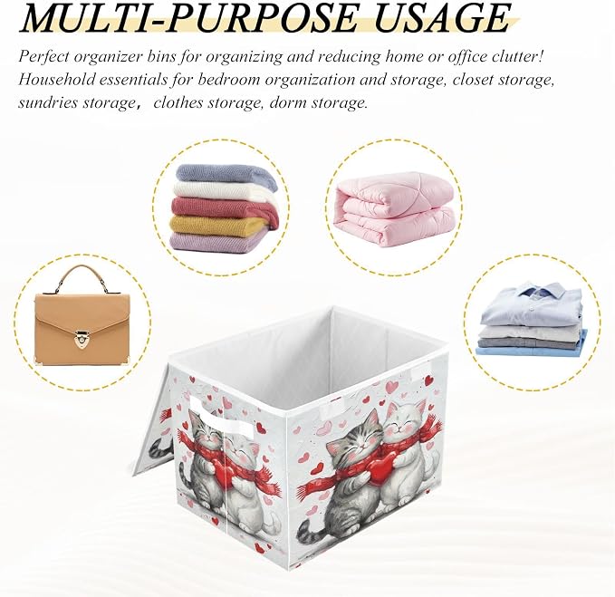 Fabric Storage Bins with Lid Cat Kitten Hug Closet Storage Basket 40L | Foldable & Stackable, Flip Top Dust Guard, Reinforced Handles, Home & Bedroom, Clothes & Toys, Oxford Print Basket