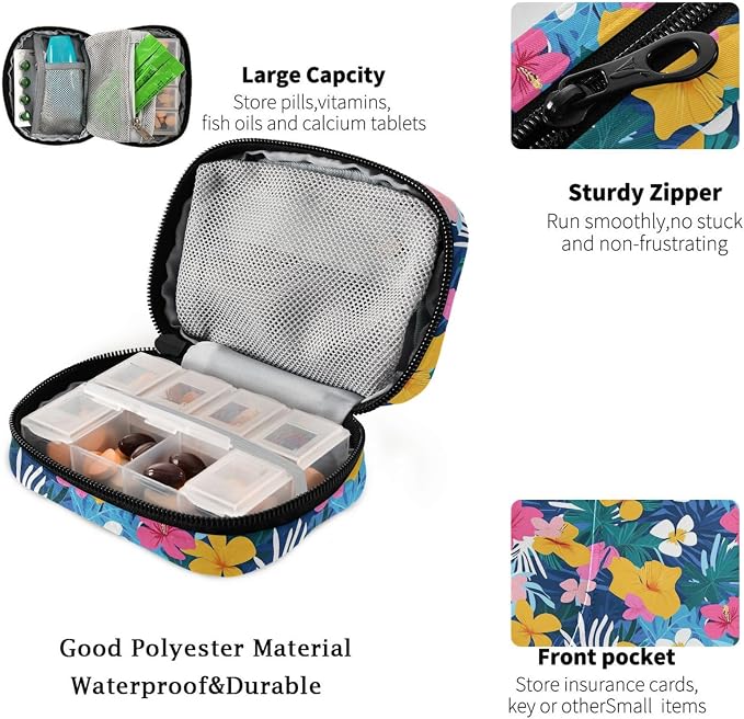 Fustylead Beautiful Colorful Tropical Hibiscus Floral Pill Organizer for Purse, Weekly Portable Pill Box with Zipper to Storage Vitamins Fish Oils Medications Supplements