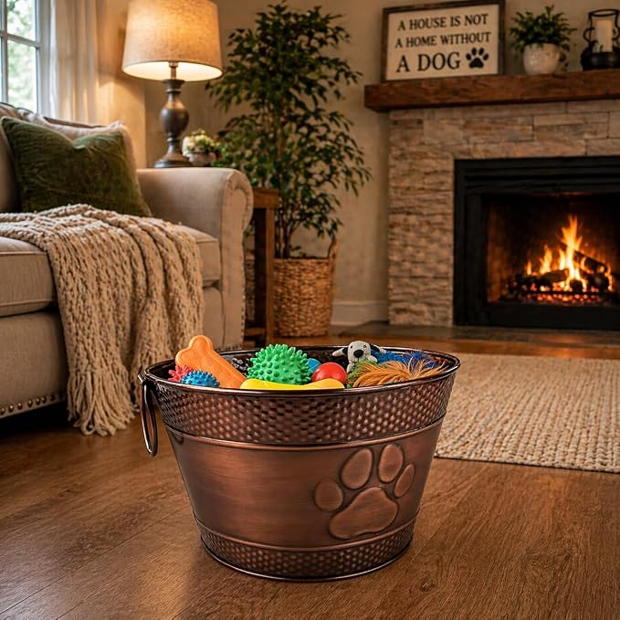 BREKX Metal Indestructible Dog Toy Bin - Chew-Proof Storage Bin | Copper Finish Farmhouse Organizer Storage Basket for Pet Toys, Blankets, Leashes with a Embossed Paw-Print