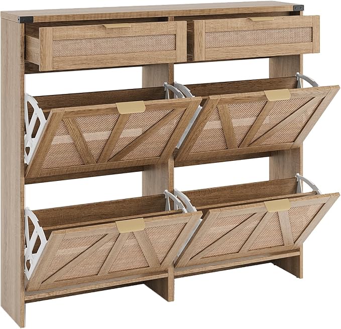 Halitaa Shoe Cabinet with 4 Flip Drawers & 2 Drawers,Farmhouse Shoe Storage Cabinet for Entryway,Slim Freestanding Organizer Rack for Front Door Entrance,Rustic Oak Rattan