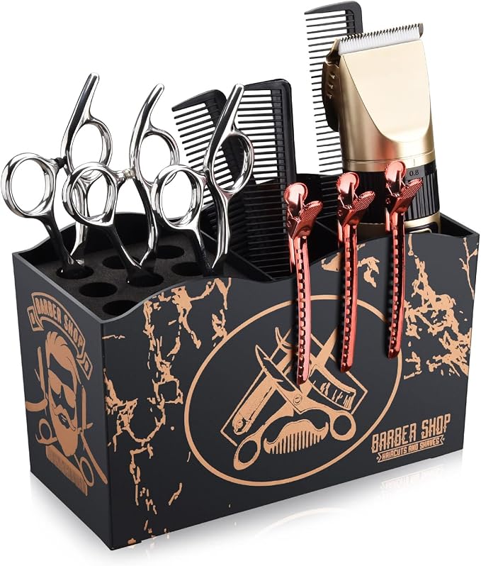 Noverlife Barber Scissors Holder Box, Shear Holder for Hairstyling | Professional Anti-slip Salon Hairdressing Scissors Rack Holder, 5 Compartments Storage Organizer for Combs Clips Brushes