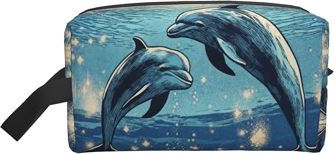 Two Dolphins Underwater Makeup Bag - Durable 600D Oxford Fabric Travel Cosmetic Bag, Shockproof Foam Padded Toiletry Organizer for Gym & Daily Use 10x6.2x4.9 Inch