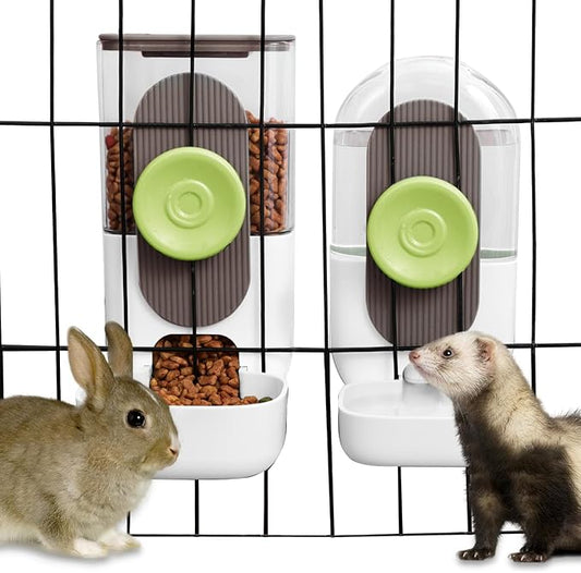 Lemtrflo Hanging Automatic Food Water Dispenser,Gravity Rabbit Feeder, Water Dispenser Food Bowl for Bunny Chinchilla Guinea Pig Hedgehog Ferret (White Brown)