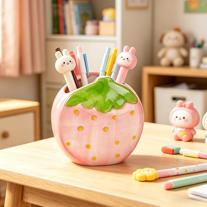 Ceramic Strawberry Shaped Pen Pencil Holder for Desk Decoration Accessories Strawberry Decor Makeup Brush Pen Cups Succulent Plant Pot Office School Ideal Gifts for Women, Mom or Birthdays (pink)