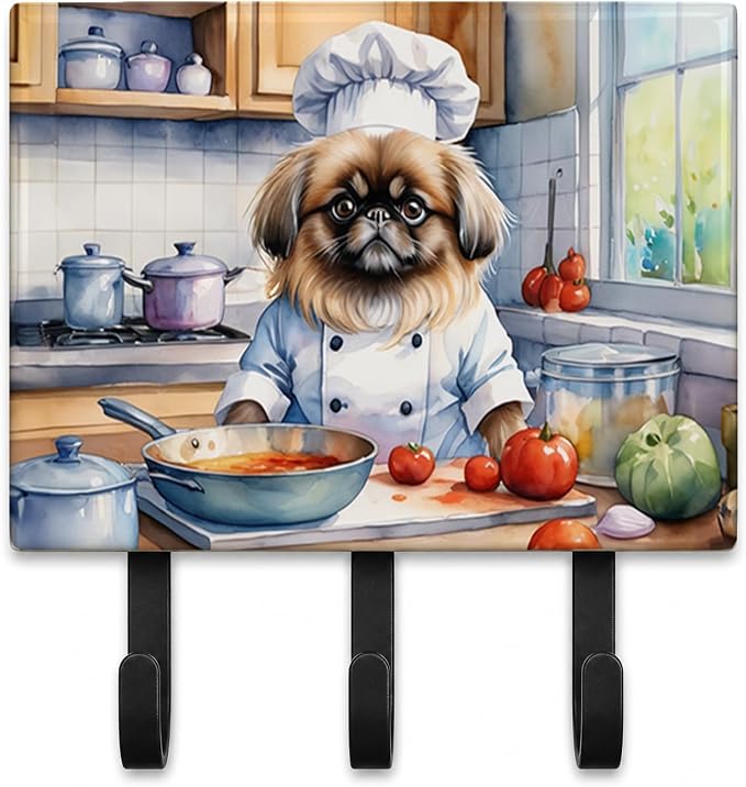 Caroline's Treasures Pekingese The Chef Leash or Key Holder Wall Hooks, Key Hooks Holder, Coat Rack Wall Mount, Coat Hooks, Hooks for Hanging Keys, Towels, Aprons, Leashes | Pekingese The Chef artwork on ceramic tile with three steel hooks for keys, le...
