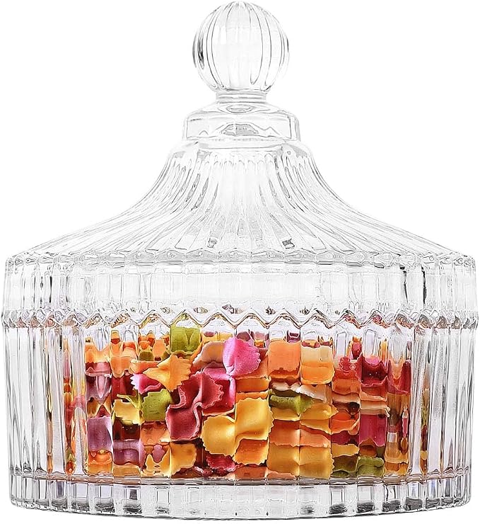 ComSaf 14oz Glass Candy Dish with Lid for Office Desk Small Jar Clear Cute | Covered Candy Storage, Coffee Table Office Desk Bathroom Vanity Decor, Countertop Display, Wedding Favors, Living Room Decor