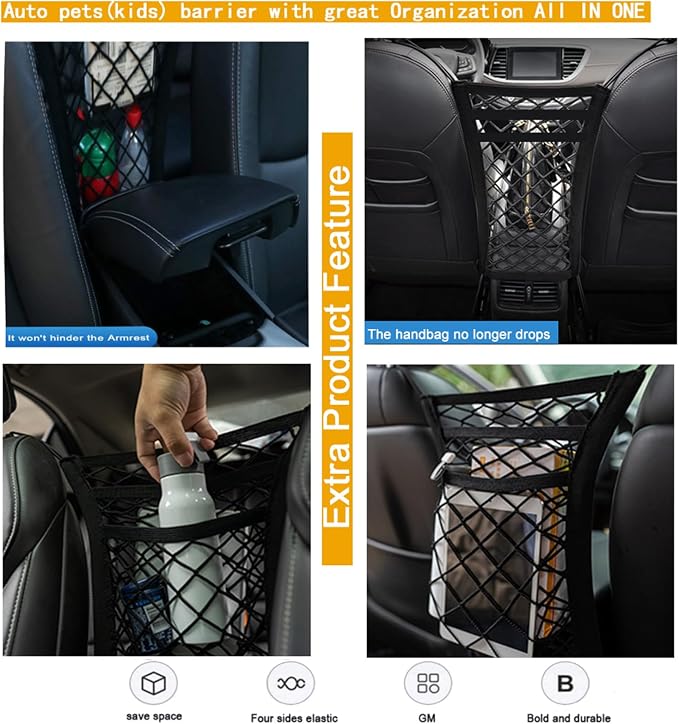 DYKESON Dog Car Net Barrier with Mesh Organizer, Pet Divider for Cars, SUVs | Upgraded Pet Barrier With Stretchable Storage Bag Pouch，Auto Backseat Net, Pet kids Safety Divider, Easy Install (3 Layer S)