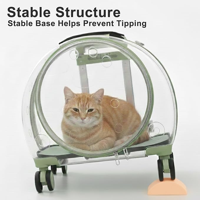 Transparent Hard Shell Cat Carrier with Wheels, Green | Rolling cat carrier, 17-lb max load, Breathable, Telescoping handle, Shoulder strap, Clear pet carrier, Portable, Travel