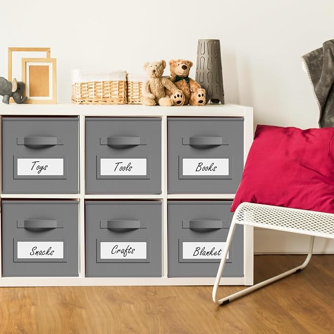 Teenyyou 10 Pack Fabric Storage Cubes 13 Inch Collapsible Cube Bins with Label Window & Handle Foldable Organizers Baskets for Shelf Closet Nursery Kids Room Clothes Book Toy(Gray)