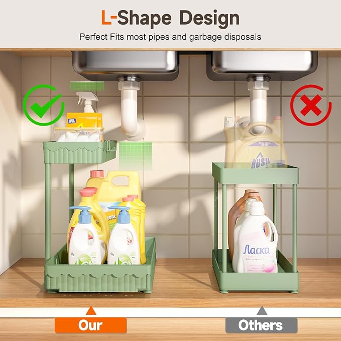 3-Pack 2-Tier L-Shaped Under Sink Organizers with Sliding Drawers | Multi-use kitchen & bathroom storage, 12.85 inch green cabinet organizer, space-saving sliding drawer design.