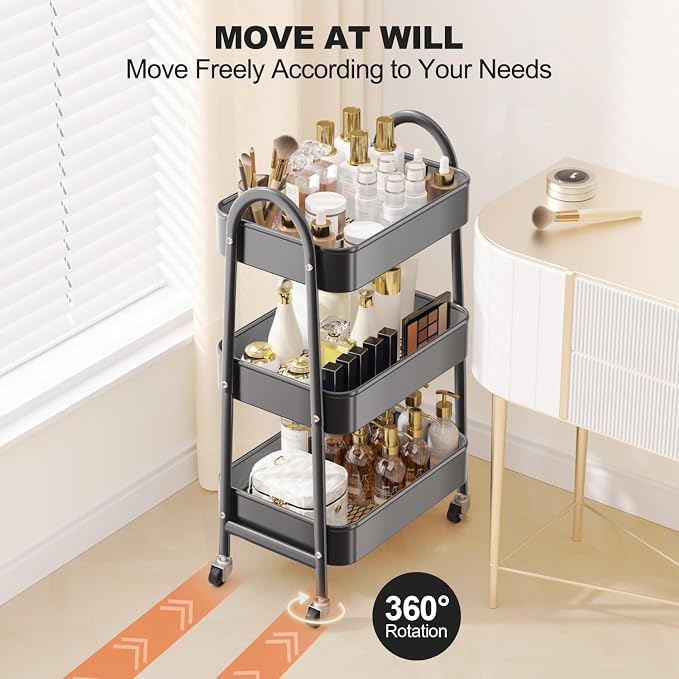 3 Tier Rolling Cart, Large Metal Storage Cart with Handle and Lockable Wheels, Big Multifunctional Storage Organizer Trolley with Mesh Baskets for Kitchen, Living Room, Office, Garage (Black)