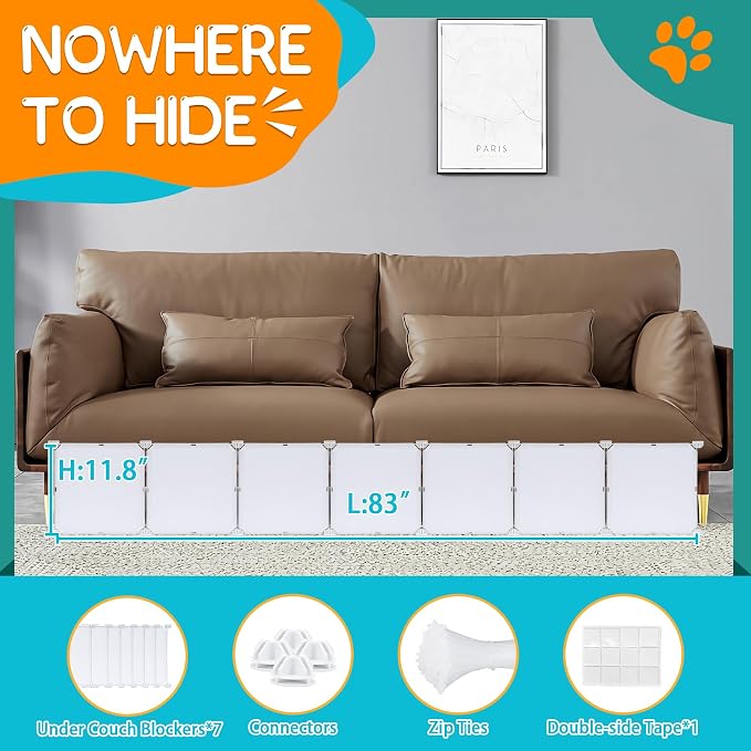 7 Pack Under Bed & Couch Blocker for Pets and Toys - 83" Length, 11.8" Height for One Side of Queen Bed | Includes Sticky Tape, Connectors & Zip Ties - White