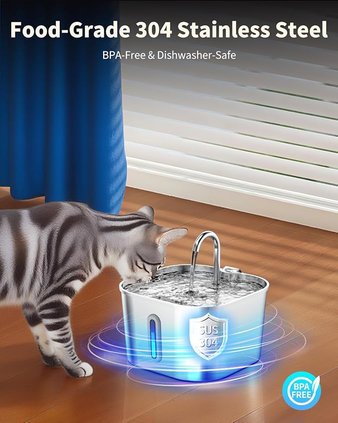 Lawfery Cat Water Fountain Stainless Steel, 74oz/2.2L Automatic Cat Drinking Fountain, Pet Water Dispenser with Quiet Pump, Suitable for Cats, Dogs and Multi-pet households