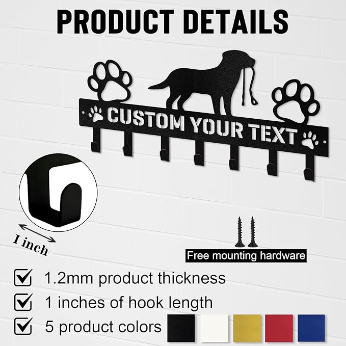 Personalized Dog Leash Holder for Wall, Custom Pet Key Hook Rack | Dog metal leash holder for wall with custom text, keeps keys, collars and leashes organized, ideal pet lover gift