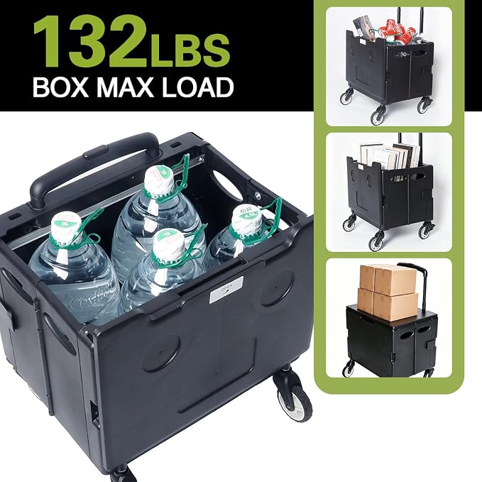 Foldable Utility Cart Portable Rolling Crate Handcart Shopping Trolley Collapsible Rolling Crate cart Tool Box, with Lid, Pull carts on Wheels, for Grocery, Shopping, Office, Teacher