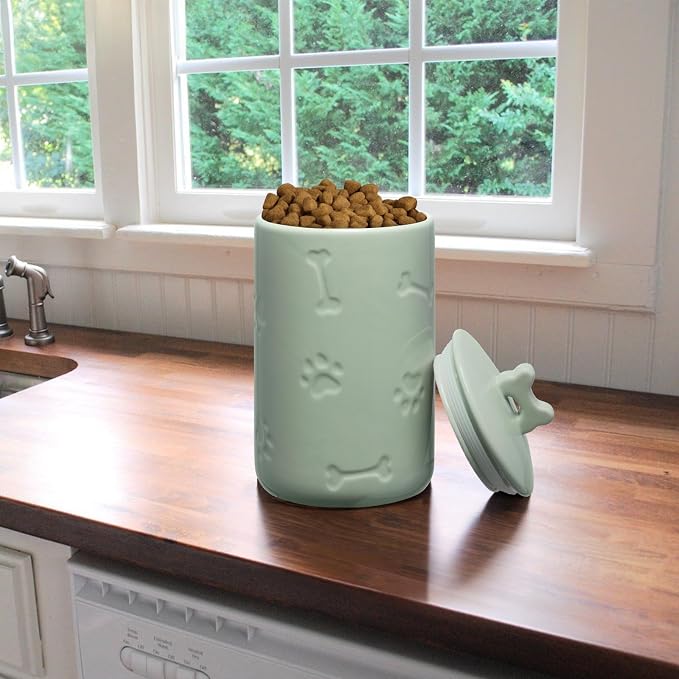Dog Treat Container Airtight - 9"x5" Ceramic Big Treats Jar with Lid(Green) | Large Capacity Doggie Cookie Jar for Countertop, Airtight Lid Keep Food Fresh, Sturdy Durable, Cute Prints and Bone Handle