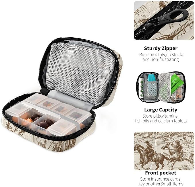 Ollabaky Western Desert Cowboy Vintage Pill Organizer Travel Pill Cases Bag Portable Pill Container 7 Days Pill Box Organizer Vitamin Supplement Holder with Zipper for Family Business