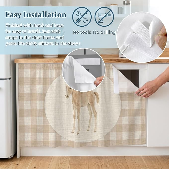 Graceful Pony Cabinet Curtains 28"x51" Sink Skirt for Bathroom Kitchen, Retro Natural Horse Farmhouse Plaid Rustic Self Stick Adhesive Under Desk Covers Tall Laundry Cabinet Storage Organizer