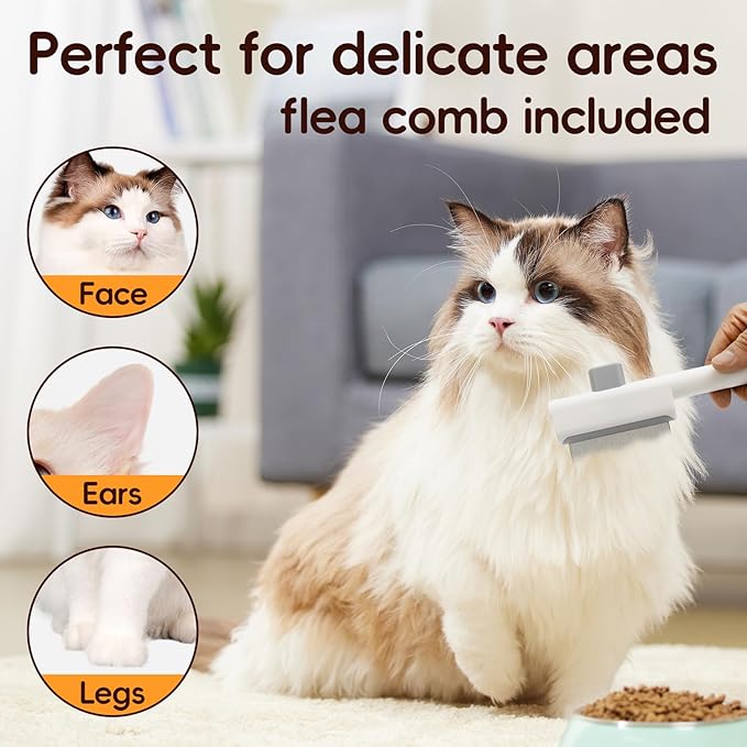 3 in 1 Self Cleaning Pet Grooming Kit : Slicker Brush & Flea Comb & Dematting Comb for Dogs and Cats, Deshedding Tool for Long & Short Haired Pets (White)